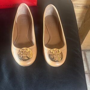 Tory Burch Gold Logo Tan Flats